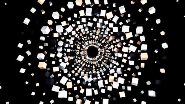 Abstracto túnel geométrico hecho de coloridos cubos blancos y marrones, lazo sin costuras. Animación. Rotación 3D pequeños cubos formando muchas filas radiales que fluyen lejos en la distancia. — Vídeos de Stock