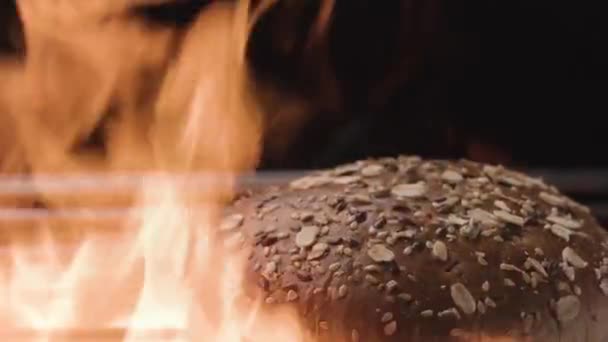 Preparaciones de pan de centeno en el horno con llama de fuego. Imágenes de archivo. Primer plano de pan sano recién horneado con semillas y avena enrollada aislada sobre fondo negro. y — Vídeo de stock
