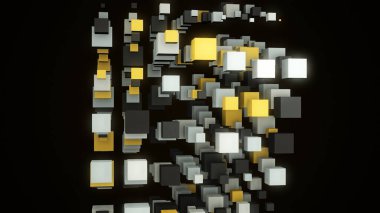 Soyut akış sarı, gri ve beyaz 3 boyutlu küpler siyah arka planda izole edilmiş. Animasyon. Renkli küplerin aynı yöne doğru yavaşça ilerlemesi.