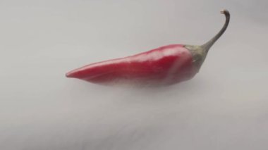 Acı biberi dumanla yakın plan çek. Stok görüntüleri. İzole edilmiş arka planda kırmızı biber dumanlı. Yoğun siste sıcak biber kefenleri. Kalın dumanlı kırmızı biber 