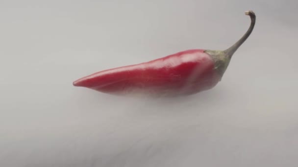 Close-up of hot pepper with smoke. Stock footage. Red chili pepper on isolated background with smoke. Hot pepper shrouds in thick fog. Spectacular chili pepper in thick smoke — Stock Video