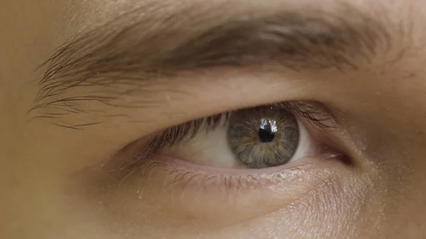 Macro close-up man grijs en blauw oog kijkt nerveus. Actie. Man met een geopend oog, details van het menselijk gezicht met wimpers, ooglid en wenkbrauw. — Stockfoto