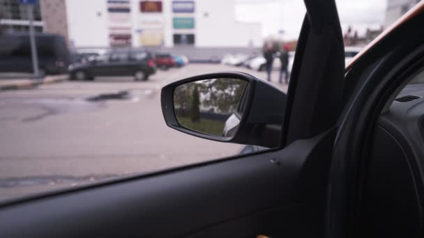 Blick aus dem Inneren eines Autos, Seitenspiegel und eine Frauenhand, die versucht, die Tür zu öffnen. Handeln. Details im Innenraum und ein Geländewagen, der hinter dem Fenster vorbeifährt. — Stockvideo