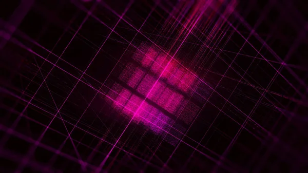 Grille numérique abstraite en forme de boîte rotative, boucle transparente. Animation. Figurine violette virtuelle de cubes 3D constitués de particules chatoyantes isolées sur fond noir. — Photo