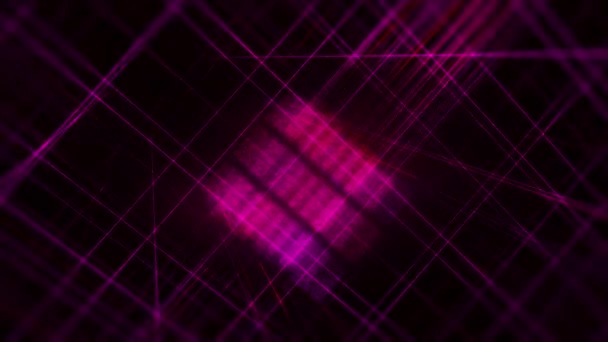 Grade digital abstrata em forma de caixa rotativa, loop sem costura. Animação. Figura roxa virtual de cubos 3D feitos de partículas cintilantes isoladas em fundo preto. — Vídeo de Stock