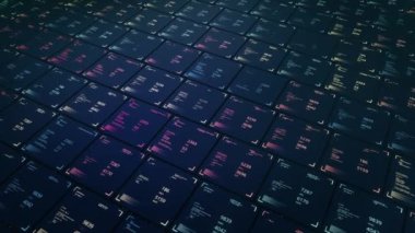 Dijital bilgisayar monitöründe soyut çalışan numaralar ve grafikler. Animasyon. Aygıt ekranında bilgi teknolojisi arka planı, kusursuz döngü.