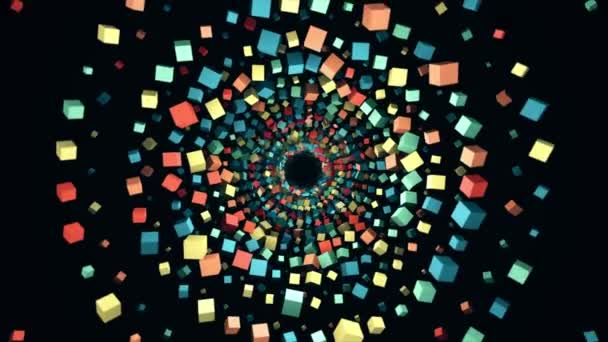 Il computer ha generato forme geometriche astratte a cubo, costruzioni irreali. Animazione. Illusione ottica loop senza soluzione di continuità con molti cerchi di cubi colorati volare via su sfondo nero. — Video Stock