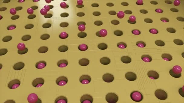 Niezwykłe, piękne 3d abstrakcyjne różowe kulki wpadające do dziur. Animacja. Obracająca się żółta tekstura z kulami wylatującymi z rzędów otworów i wpadającymi do środka. — Wideo stockowe