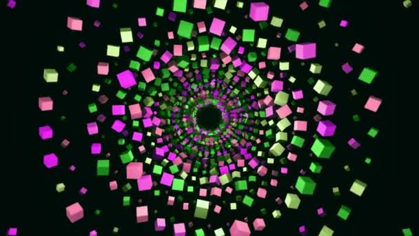 Des formes géométriques cubiques abstraites générées par ordinateur, des constructions irréelles. Animation. Illusion optique en boucle sans couture avec de nombreux cercles de cubes colorés s'envolant sur fond noir. — Video