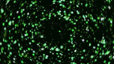 Noktalar çember yaratır. Animasyon. Bir sürü yeşil nokta rastgele hareket ediyor ve siyah arkaplanda bir çember oluşturuyor. Yeşil noktaların arkaplanı merkezde genişler ve matriste delik açar