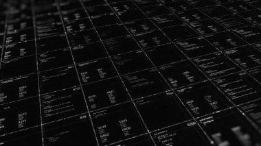 Veritabanındaki dijital veri değiştiriliyor. Animasyon. Büyük veritabanı sayılar ve verilerle birlikte hücrelere dağıtıldı. Değişen sayısal veriye sahip hücreler