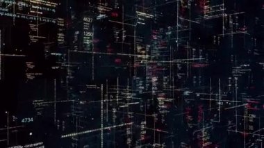 Sayılar ve verilerle birlikte siber uzay. Animasyon. Karanlık arka planda siber uzayda bir sürü uçan numara ve kod var. Bilgisayar verileri siber uzayda karıştırılıyor