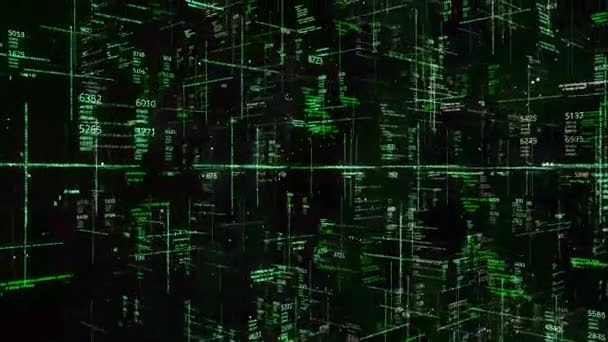 Πολλοί αριθμοί και κωδικοί στη μήτρα. Κινούμενα σχέδια. Διάστημα στο εσωτερικό matrix με πολλούς κωδικούς και αριθμούς που φέρουν σε πράσινο φόντο. Πολλαπλά προγράμματα μέσα στη μήτρα — Αρχείο Βίντεο
