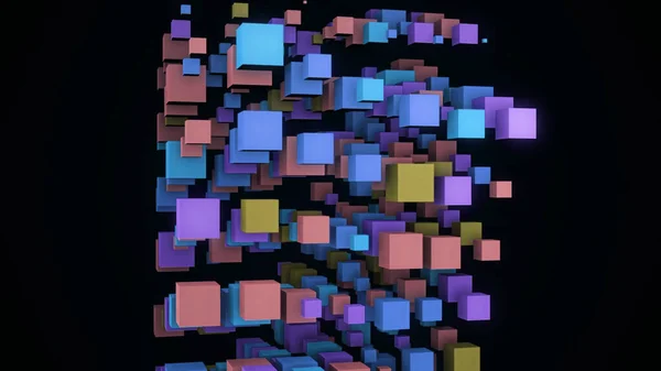 Abstraktní 3D abstrakce vertikálních barevných kostek rotujících izolovaně na černém pozadí. Animace. Barevné rotující tvary, bezešvá smyčka. — Stock fotografie