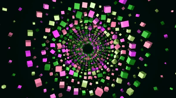 Computer generated abstract geometric cube shapes, unreal constructions. Animation. Seamless loop optical illusion with many circles of colorful cubes flying away on black background.