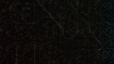 Soyut teknolojik arka plan ve çizgiler karanlık dijital uzayda rastgele beliriyor. Animasyon. Dar çizgiler ve noktalı siyah arkaplan, pürüzsüz döngü.