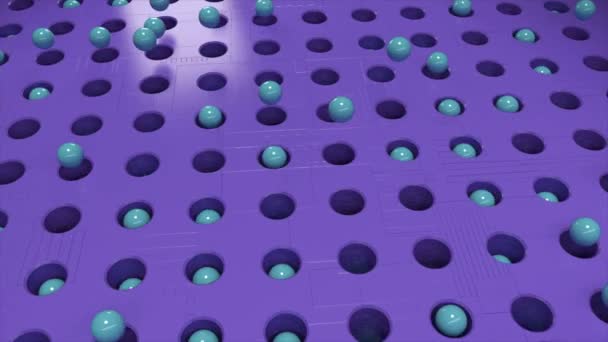 不同寻常的，漂亮的3D抽象紫色球掉进洞里。动画。旋转的质感，球体从成排的孔中飞出，落在孔中. — 图库视频影像