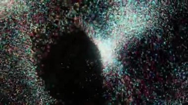 Çok renkli parçacıkların girdabı. Animasyon. Renkli parçacıkların girdabı karıştırıcıdaymış gibi hareket eder. Renkli toz motorları siyah arkaplanda mikser gibi uçar
