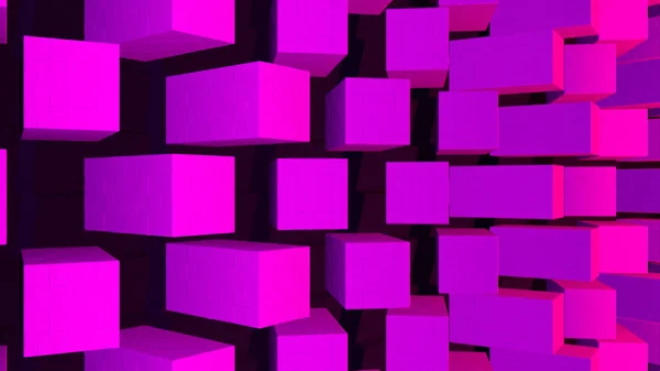 Minimalistic waves pattern made of rotating cubes. Animation. Bright pink brick wall spinning on black background, seamless loop.