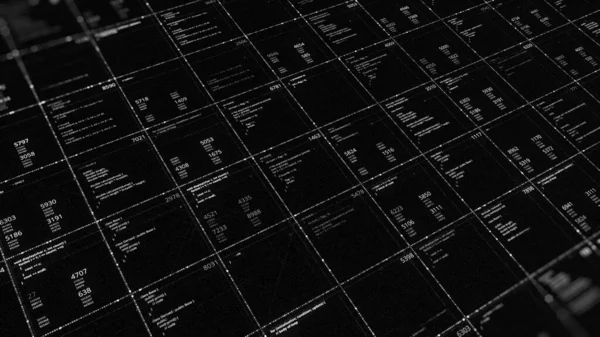 Changing digital data in database. Animation. Large database distributed across cells with numbers and data. Cells with changing numeric data