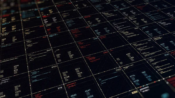 Cells with digital data. Animation. Spreadsheet with digital dates arranged in cells on dark background. Generated digital data in cells — Stock Photo, Image