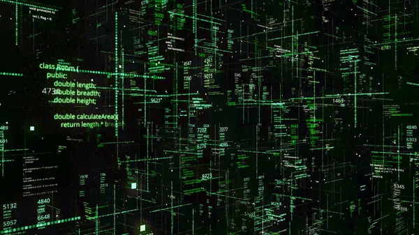 Many numbers and codes in matrix. Animation. Space inside matrix with lots of code and numbers flying on green background. Multiple programs inside matrix