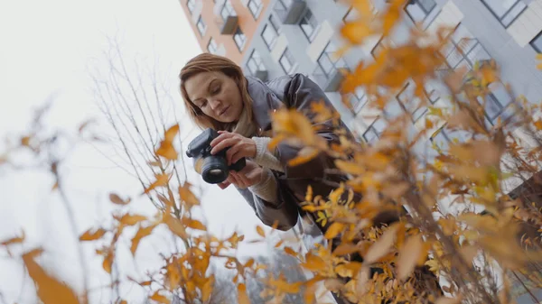 Woman takes photo on professional camera on background of building. Action. Beautiful woman photographer shoots courtyard of residential complex on professional camera