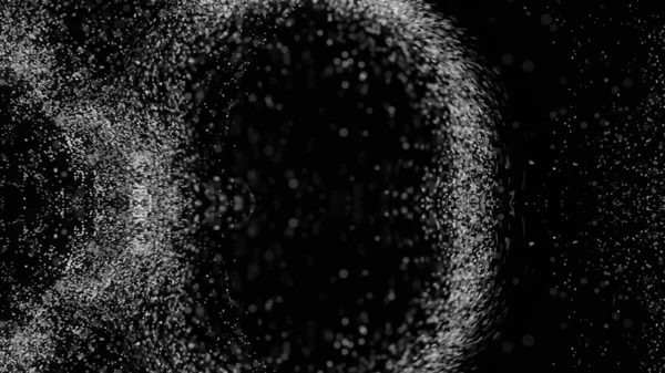El polvo se mueve en el vórtice. Animación. Hermosa animación con remolinos de partículas reflejadas en el fondo negro. Espectáculo de animación mágica con remolinos de partículas —  Fotos de Stock