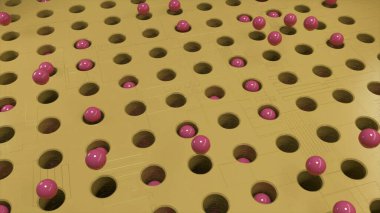 Olağandışı, güzel üç boyutlu soyut pembe toplar deliklere düşüyor. Animasyon. Sıralardan fırlayan kürelerle dönen sarı dokular ve onların içine düşen küreler..
