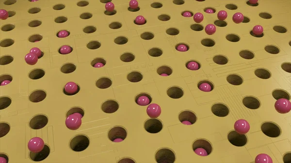 Unusual, beautiful 3d abstract pink balls falling into the holes. Animation. Rotating yellow texture with spheres flying out of rows of holes and falling inside them. — Stock Photo, Image