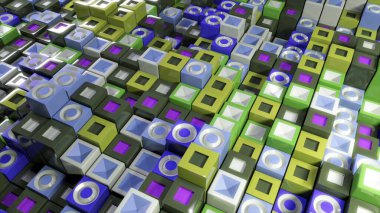 Soyut hareket eden kare şekilli sütunlar dönen renkli dokular, pürüzsüz bir döngü yaratıyor. Animasyon. Leylak, beyaz, yeşil ve siyah renklerin 3 boyutlu geometrik figürleri.