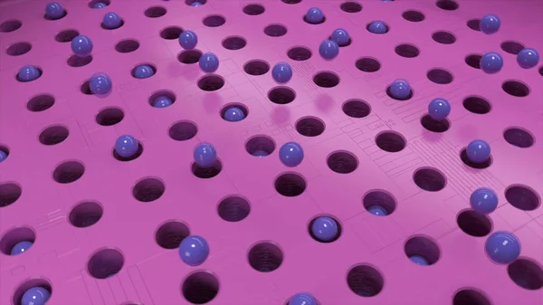 Lilac spheres jump from the pink rows of holes and falling down. Animation. Abstract field with moving balls, concept of simple video game. — Stock Photo, Image