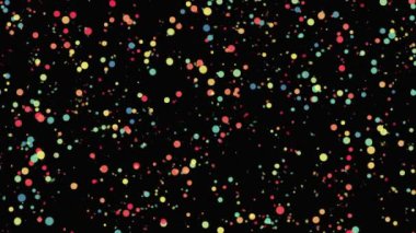 Siyah arka planda yavaş hareket eden renkli ışık noktaları. Animasyon. Bokeh bulutundan küçük daireler çizerek uçuyor..