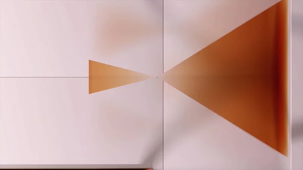 White and golden abstraction with one large triangle and a small rotating pyramid. Animation. Two figures with its tops aiming towards each other on white background with golden metal stripe.