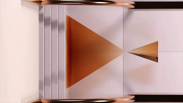 White and golden abstraction with one large triangle and a small rotating pyramid. Animation. Two figures with its tops aiming towards each other on white background with golden metal stripe.