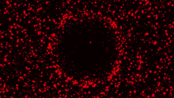 Zářící svatozář obklopená částicemi tmavě červené barvy. Animace. Kruh malých kruhů se šíří a stává se mrakem s malými částicemi, které chaoticky proudí na černém pozadí. — Stock video