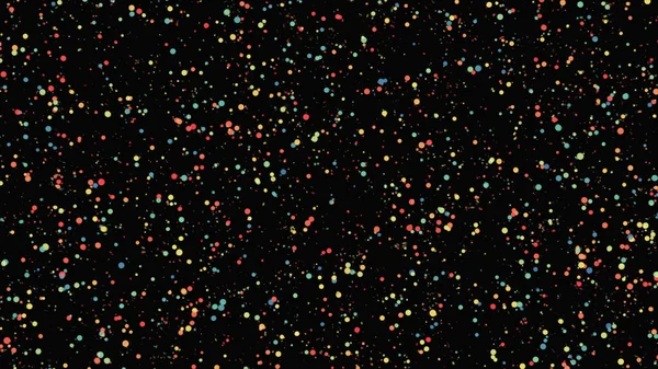 Polka dot achtergrond met deeltjes vliegen chaotisch en vormen een cirkel op zwarte achtergrond. Animatie. Mystieke ring van onbekende deeltjes. — Stockfoto