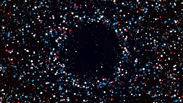 Polka Dot Hintergrund mit Teilchen fliegen chaotisch und bilden einen Kreis auf schwarzem Hintergrund. Animation. Mystischer Ring unbekannter Teilchen. — Stockfoto