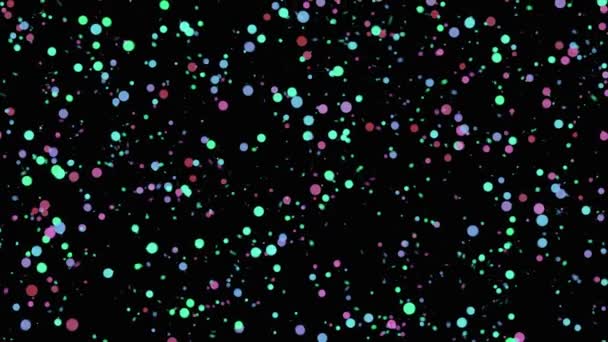 Burbujas coloridas abstractas que fluyen caóticamente sobre fondo negro, lazo sin costuras. Animación. Patrón festivo con partículas de confeti, lazo sin costuras. — Vídeos de Stock