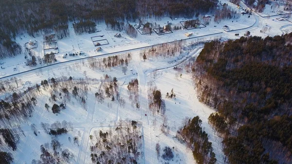 Vista superior del pueblo rodeado de bosque en invierno. Acción. Parcelas rurales con cabañas rodeadas de bosque salvaje en invierno. Pequeño pueblo cerca del bosque en el día de invierno — Foto de Stock