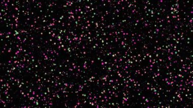 Soyut renkli kabarcıklar siyah arkaplanda düzensizce akıyor, pürüzsüz bir döngü. Animasyon. Konfeti parçacıkları ile şenlik deseni, kusursuz döngü.