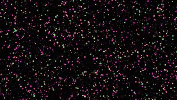 Abstrakt färgglada bubblor flyter kaotiskt på svart bakgrund, sömlös loop. Animering. Festligt mönster med konfetti partiklar, sömlös ögla. — Stockvideo