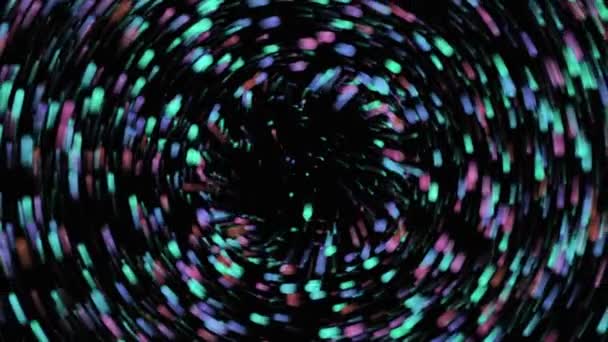Shining round shaped particles creating a central circle. Animation. Clood of chaotically moving circles transforming into a ring on balck background. — Stock Video