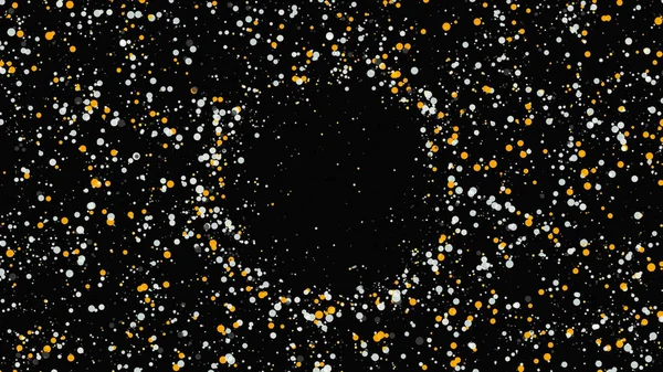 Pequeñas y coloridas partículas blancas y amarillas creando un círculo central sobre fondo negro. Animación. Hermoso campo de movimiento bokeh, patrón festivo, bucle sin costuras. —  Fotos de Stock