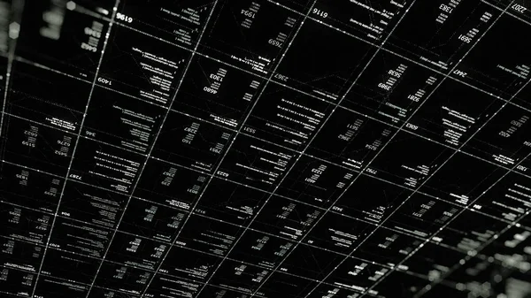 블랙 스크린의 16 진수 흰색 코드를 동일 한 크기의 정사각형으로 나누어 데이터를 변경하여 추상화 한다. 애니메이션. 미래 지향적 인 사업 정보 및 기술 개념, 단색. — 스톡 사진
