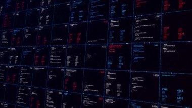 Bir ekrandaki soyut dijital onaltılık kod değişen verilerle aynı boyut karelerine bölünür. Animasyon. Gelecekçi İş Bilgileri ve Teknoloji Konsepti. 