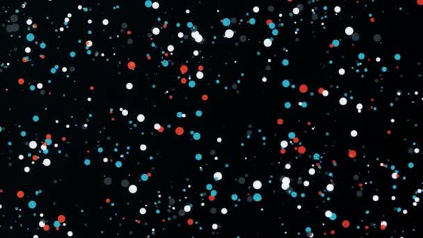 Разноцветные конфетти или блестящие частицы на черном фоне, бесшовная петля. Анимация. Два потока разноцветных кругов движутся в противоположных направлениях и вращаются. — стоковое видео
