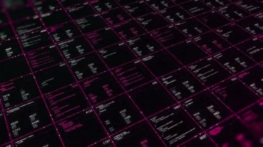 Siyah arka planda değişen pembe renk istatistikleri, kusursuz döngü. Animasyon. Dijital bilgisayar monitörü finansal rapor indiriyor. 