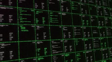 Kusursuz bir döngünün soyut dijital veri raporu. Animasyon. İstatistikler, finans piyasası verileri, analiz ve raporlar, siyah arkaplanda yeşil renkli sayılar ve grafikler.