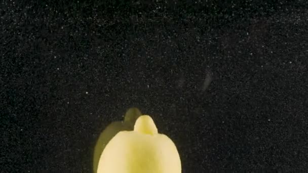 Κοντινό πλάνο ενός λεμονιού που πέφτει στο νερό απομονωμένο σε μαύρο φόντο, αργή κίνηση. Πάμε. Νωπά κίτρινα φρούτα που κινούνται υποβρύχια. — Αρχείο Βίντεο